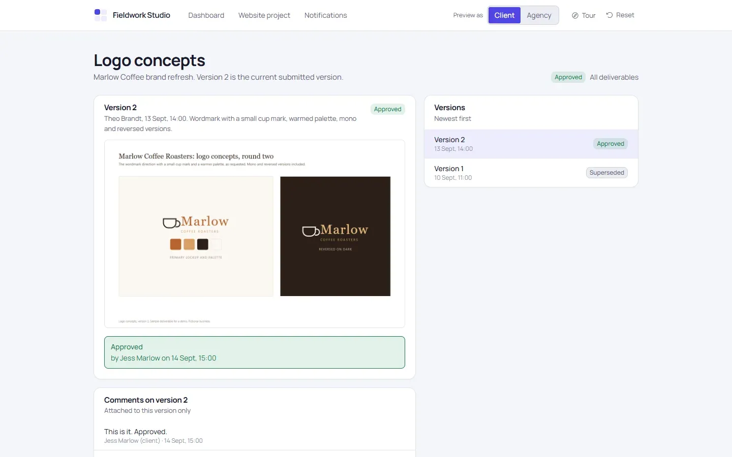 Deliverable page showing an approved logo concept with its version history and comments