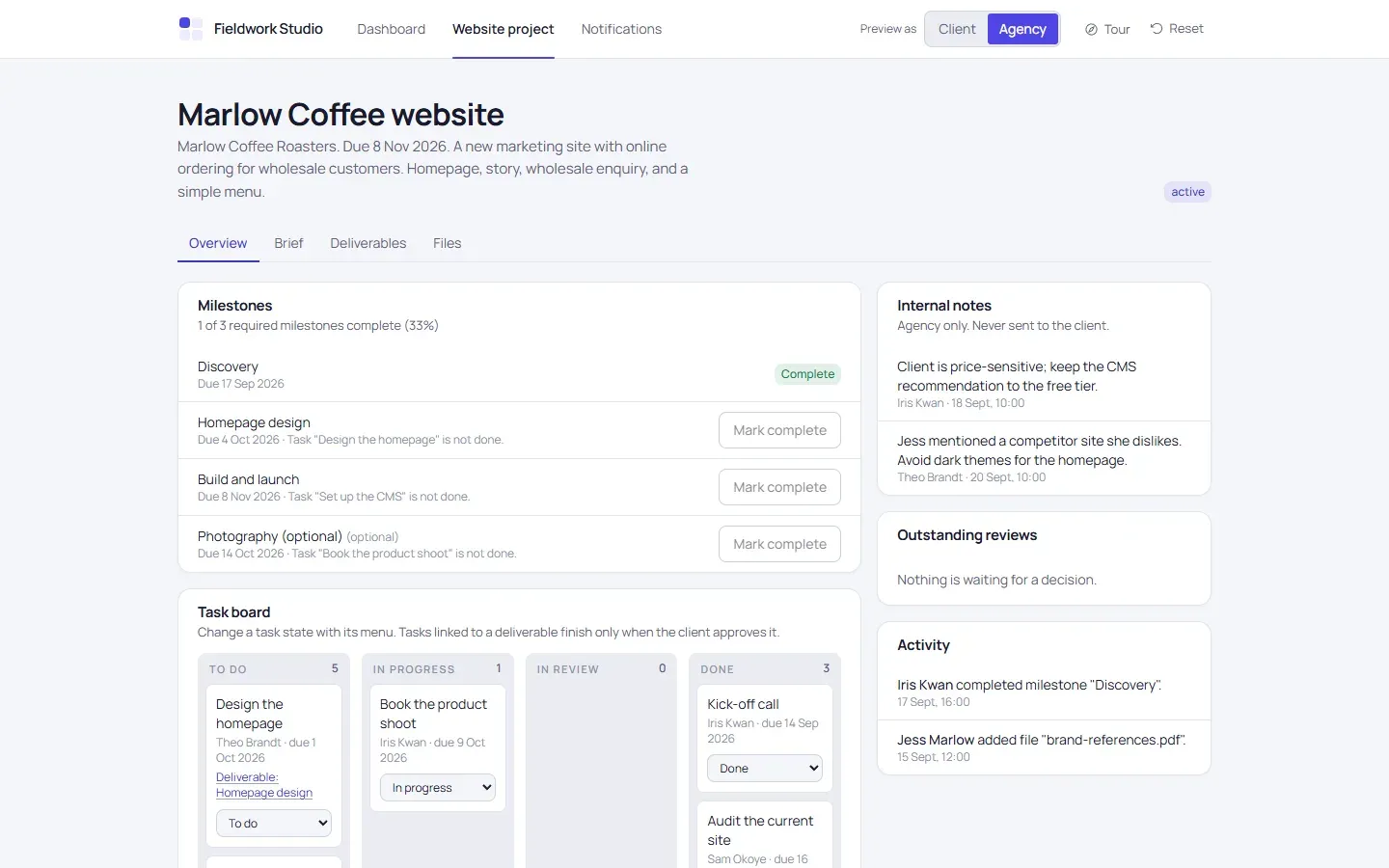 Project overview with milestones, a task board and internal notes in the agency view