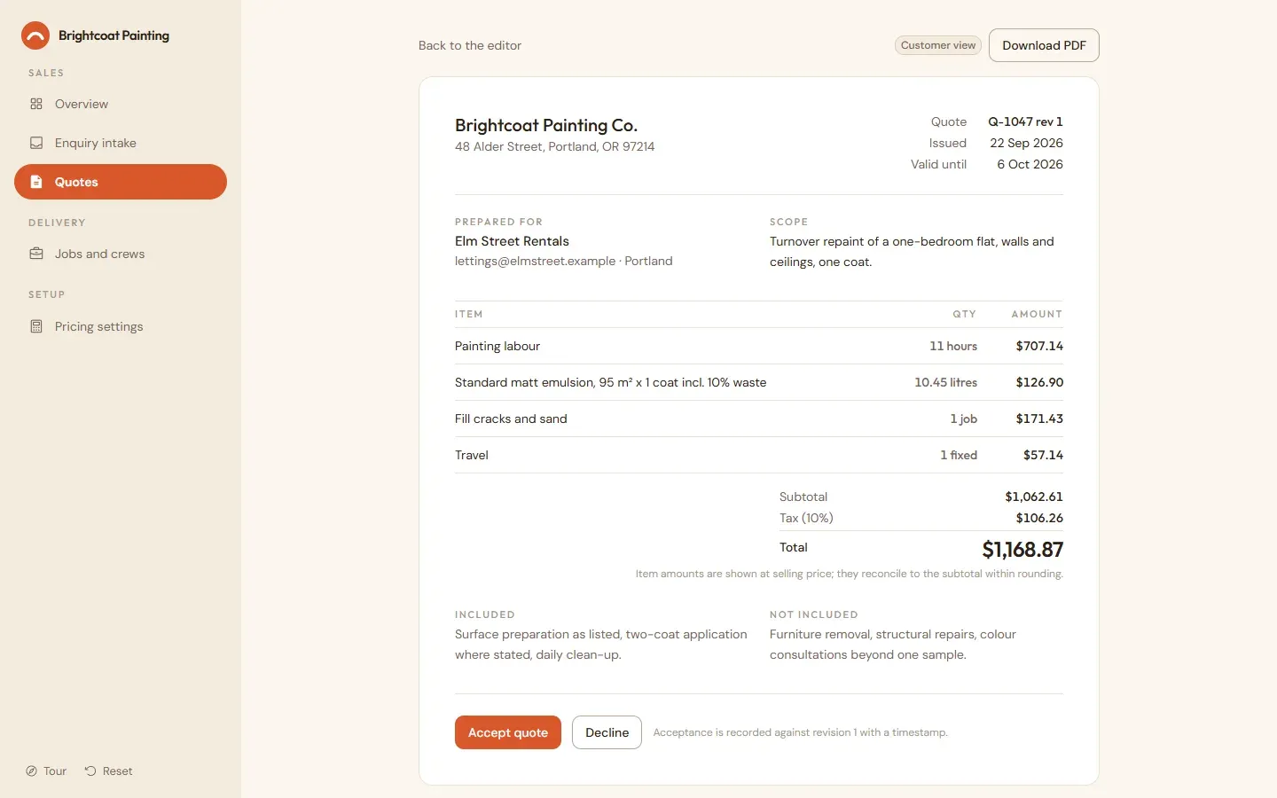 Customer view of an issued quote with accept and decline actions