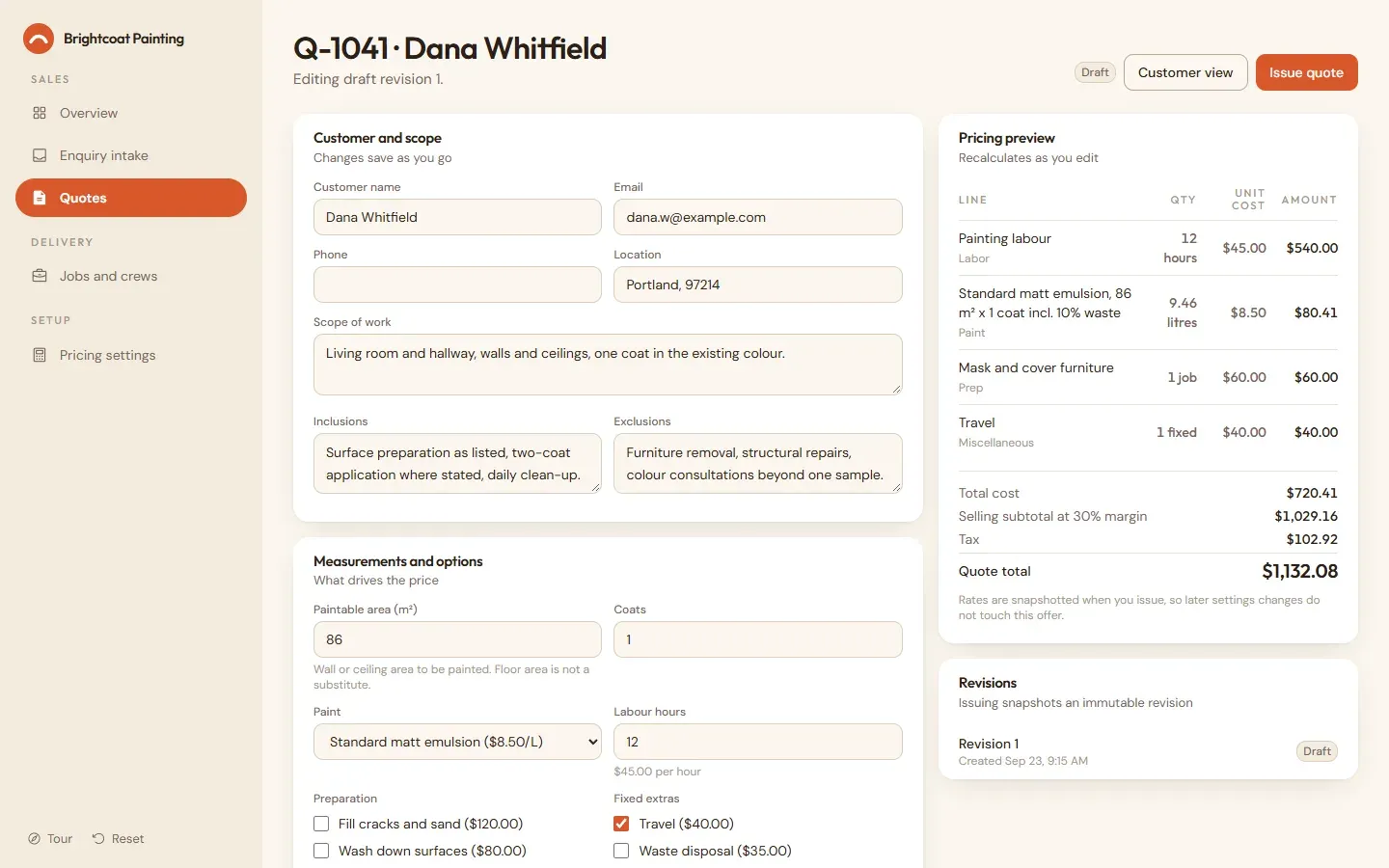 Quote editor with measurements, options and a live pricing preview